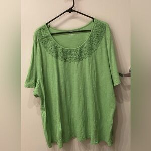 Catherines Green Enbroidered Short Sleeve Cotton Slub Knit Plus Size 3X